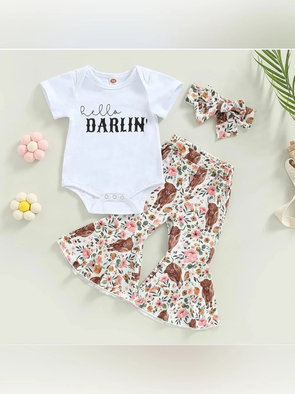 12-18🤠3pc Western Cowgirl Outfit White Bodysuit & Highland Cow Floral Flare Pant